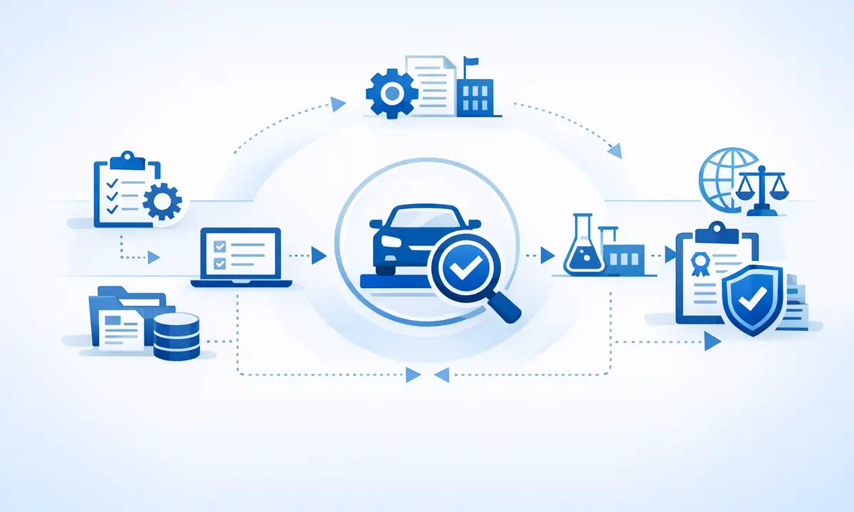 Vehicle compliance workflow and structured processes illustration